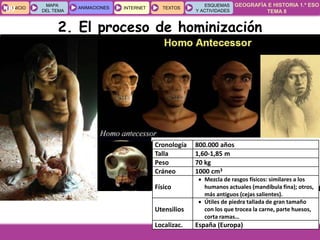 GEOGRAFÍA E HISTORIA 1.º ESO
TEMA 8
INICIOINICIO
MAPA
DEL TEMA
MAPA
DEL TEMA
ANIMACIONESANIMACIONES INTERNETINTERNET TEXTOSTEXTOSTEXTOS
ESQUEMAS
Y ACTIVIDADES
ESQUEMAS
Y ACTIVIDADES09
2. El proceso de hominización
Cronología 800.000 años
Talla 1,60-1,85 m
Peso 70 kg
Cráneo 1000 cm3
Físico
 Mezcla de rasgos físicos: similares a los
humanos actuales (mandíbula fina); otros,
más antiguos (cejas salientes).
Utensilios
 Útiles de piedra tallada de gran tamaño
con los que trocea la carne, parte huesos,
corta ramas…
Localizac. España (Europa)
 