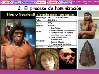 GEOGRAFÍA E HISTORIA 1.º ESO
TEMA 8
INICIOINICIO
MAPA
DEL TEMA
MAPA
DEL TEMA
ANIMACIONESANIMACIONES INTERNETINTERNET TEXTOSTEXTOSTEXTOS
ESQUEMAS
Y ACTIVIDADES
ESQUEMAS
Y ACTIVIDADES09
Cronología 230.000 – 30.000 años
Talla 1,60-1,70 m
Peso 80 kg
Cráneo 1500 cm3
Físico
 Gran fuerza
 Rostro grande y cejas salientes
 Frente hundida, sin mentón
 Mandíbula más pequeña
Utensilios
 Fabricación de útiles
especializados
 Domina el fuego
 Primeros enterramientos
Localizac. África, Europa y Asia
2. El proceso de hominización
 