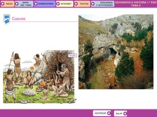 GEOGRAFÍA E HISTORIA 1.º ESO
TEMA 8
INICIOINICIO
MAPA
DEL TEMA
MAPA
DEL TEMA
ANIMACIONESANIMACIONES INTERNETINTERNET TEXTOSTEXTOSTEXTOS
ESQUEMAS
Y ACTIVIDADES
ESQUEMAS
Y ACTIVIDADES
Cuevas
SALIRSALIRANTERIORANTERIOR
 