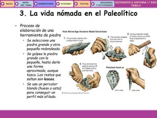 GEOGRAFÍA E HISTORIA 1.º ESO
TEMA 8
INICIOINICIO
MAPA
DEL TEMA
MAPA
DEL TEMA
ANIMACIONESANIMACIONES INTERNETINTERNET TEXTOSTEXTOSTEXTOS
ESQUEMAS
Y ACTIVIDADES
ESQUEMAS
Y ACTIVIDADES
3. La vida nómada en el Paleolítico
– Proceso de
elaboración de una
herramienta de piedra
• Se selecciona una
piedra grande y otra
pequeña redondeada.
• Se golpea la piedra
grande con la
pequeña, hasta darle
una forma
aproximada, aunque
tosca. Los restos que
saltan son lascas.
• Se usa un percutor
blando (hueso o asta)
para conseguir un
perfil más afilado.
 