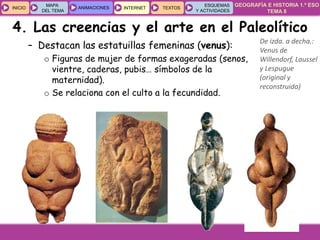 GEOGRAFÍA E HISTORIA 1.º ESO
TEMA 8
INICIOINICIO
MAPA
DEL TEMA
MAPA
DEL TEMA
ANIMACIONESANIMACIONES INTERNETINTERNET TEXTOSTEXTOSTEXTOS
ESQUEMAS
Y ACTIVIDADES
ESQUEMAS
Y ACTIVIDADES
– Destacan las estatuillas femeninas (venus):
o Figuras de mujer de formas exageradas (senos,
vientre, caderas, pubis… símbolos de la
maternidad).
o Se relaciona con el culto a la fecundidad.
De izda. a decha.:
Venus de
Willendorf, Laussel
y Lespugue
(original y
reconstruida)
4. Las creencias y el arte en el Paleolítico
 