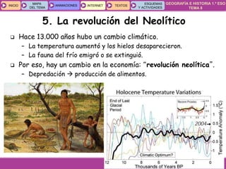 GEOGRAFÍA E HISTORIA 1.º ESO
TEMA 8
INICIOINICIO
MAPA
DEL TEMA
MAPA
DEL TEMA
ANIMACIONESANIMACIONES INTERNETINTERNET TEXTOSTEXTOSTEXTOS
ESQUEMAS
Y ACTIVIDADES
ESQUEMAS
Y ACTIVIDADES
5. La revolución del Neolítico
 Hace 13.000 años hubo un cambio climático.
– La temperatura aumentó y los hielos desaparecieron.
– La fauna del frío emigró o se extinguió.
 Por eso, hay un cambio en la economía: “revolución neolítica”.
– Depredación  producción de alimentos.
 
