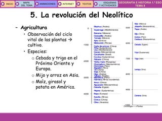 GEOGRAFÍA E HISTORIA 1.º ESO
TEMA 8
INICIOINICIO
MAPA
DEL TEMA
MAPA
DEL TEMA
ANIMACIONESANIMACIONES INTERNETINTERNET TEXTOSTEXTOSTEXTOS
ESQUEMAS
Y ACTIVIDADES
ESQUEMAS
Y ACTIVIDADES
5. La revolución del Neolítico
– Agricultura
• Observación del ciclo
vital de las plantas 
cultivo.
• Especies:
o Cebada y trigo en el
Próximo Oriente y
Europa.
o Mijo y arroz en Asia.
o Maíz, girasol y
patata en América.
 