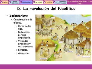 GEOGRAFÍA E HISTORIA 1.º ESO
TEMA 8
INICIOINICIO
MAPA
DEL TEMA
MAPA
DEL TEMA
ANIMACIONESANIMACIONES INTERNETINTERNET TEXTOSTEXTOSTEXTOS
ESQUEMAS
Y ACTIVIDADES
ESQUEMAS
Y ACTIVIDADES
5. La revolución del Neolítico
– Sedentarismo
• Construcción de
aldeas.
o Cerca de los
ríos.
o Defendidos
por una
empalizada.
o Viviendas
circulares y
rectangulares.
o Establos.
o Almacenes.
 