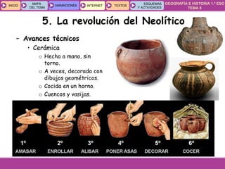 GEOGRAFÍA E HISTORIA 1.º ESO
TEMA 8
INICIOINICIO
MAPA
DEL TEMA
MAPA
DEL TEMA
ANIMACIONESANIMACIONES INTERNETINTERNET TEXTOSTEXTOSTEXTOS
ESQUEMAS
Y ACTIVIDADES
ESQUEMAS
Y ACTIVIDADES
5. La revolución del Neolítico
– Avances técnicos
• Cerámica
o Hecha a mano, sin
torno.
o A veces, decorada con
dibujos geométricos.
o Cocida en un horno.
o Cuencos y vasijas.
 