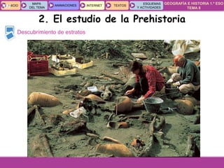 GEOGRAFÍA E HISTORIA 1.º ESO
TEMA 8
INICIOINICIO
MAPA
DEL TEMA
MAPA
DEL TEMA
ANIMACIONESANIMACIONES INTERNETINTERNET TEXTOSTEXTOSTEXTOS
ESQUEMAS
Y ACTIVIDADES
ESQUEMAS
Y ACTIVIDADES09
Descubrimiento de estratos
2. El estudio de la Prehistoria
 