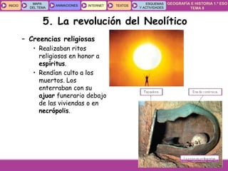 GEOGRAFÍA E HISTORIA 1.º ESO
TEMA 8
INICIOINICIO
MAPA
DEL TEMA
MAPA
DEL TEMA
ANIMACIONESANIMACIONES INTERNETINTERNET TEXTOSTEXTOSTEXTOS
ESQUEMAS
Y ACTIVIDADES
ESQUEMAS
Y ACTIVIDADES
5. La revolución del Neolítico
– Creencias religiosas
• Realizaban ritos
religiosos en honor a
espíritus.
• Rendían culto a los
muertos. Los
enterraban con su
ajuar funerario debajo
de las viviendas o en
necrópolis.
 