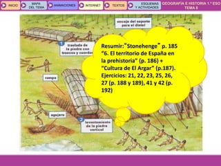GEOGRAFÍA E HISTORIA 1.º ESO
TEMA 8
INICIOINICIO
MAPA
DEL TEMA
MAPA
DEL TEMA
ANIMACIONESANIMACIONES INTERNETINTERNET TEXTOSTEXTOSTEXTOS
ESQUEMAS
Y ACTIVIDADES
ESQUEMAS
Y ACTIVIDADES
Resumir:“Stonehenge” p. 185
“6. El territorio de España en
la prehistoria” (p. 186) +
“Cultura de El Argar” (p.187).
Ejercicios: 21, 22, 23, 25, 26,
27 (p. 188 y 189), 41 y 42 (p.
192)
 