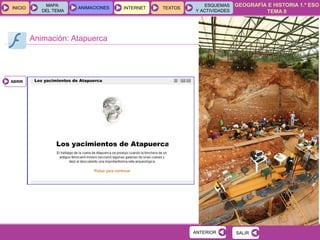 GEOGRAFÍA E HISTORIA 1.º ESO
TEMA 8
INICIOINICIO
MAPA
DEL TEMA
MAPA
DEL TEMA
ANIMACIONESANIMACIONES INTERNETINTERNET TEXTOSTEXTOSTEXTOS
ESQUEMAS
Y ACTIVIDADES
ESQUEMAS
Y ACTIVIDADES
Animación: Atapuerca
SALIRSALIRANTERIORANTERIOR
ABRIRABRIR
 