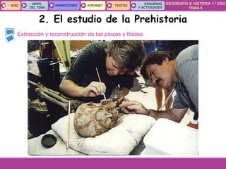 GEOGRAFÍA E HISTORIA 1.º ESO
TEMA 8
INICIOINICIO
MAPA
DEL TEMA
MAPA
DEL TEMA
ANIMACIONESANIMACIONES INTERNETINTERNET TEXTOSTEXTOSTEXTOS
ESQUEMAS
Y ACTIVIDADES
ESQUEMAS
Y ACTIVIDADES09
Extracción y reconstrucción de las piezas y fósiles
2. El estudio de la Prehistoria
 