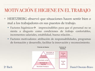 MOTIVACIÓN E HIGIENE EN EL TRABAJO
❖ HERTZBERG observó que situaciones hacen sentir bien o
mal a los trabajadores en sus puestos de trabajo.
❖ Factores higiénicos! imprescindibles para que el personal no se
sienta a disgusto como condiciones de trabajo confortables,
incrementos salariales, estabilidad, buena relación…
❖ Factores motivadores: atribución de responsabilidades, programas
de formación y desarrollo, facilitar la innovación y reconocimiento.
2º Bach Daniel Onorato Bravo
Pirámide de Maslow Factores de
Herzberg
 