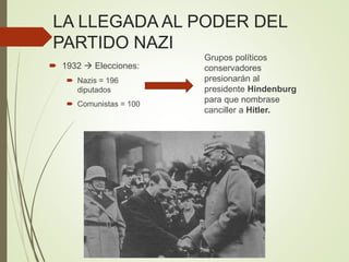 LA LLEGADA AL PODER DEL
PARTIDO NAZI
 1932  Elecciones:
 Nazis = 196
diputados
 Comunistas = 100
Grupos políticos
conservadores
presionarán al
presidente Hindenburg
para que nombrase
canciller a Hitler.
 