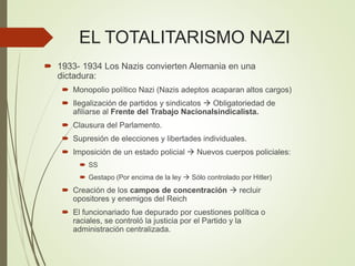 EL TOTALITARISMO NAZI
 1933- 1934 Los Nazis convierten Alemania en una
dictadura:
 Monopolio político Nazi (Nazis adeptos acaparan altos cargos)
 Ilegalización de partidos y sindicatos  Obligatoriedad de
afiliarse al Frente del Trabajo Nacionalsindicalista.
 Clausura del Parlamento.
 Supresión de elecciones y libertades individuales.
 Imposición de un estado policial  Nuevos cuerpos policiales:
 SS
 Gestapo (Por encima de la ley  Sólo controlado por Hitler)
 Creación de los campos de concentración  recluir
opositores y enemigos del Reich
 El funcionariado fue depurado por cuestiones política o
raciales, se controló la justicia por el Partido y la
administración centralizada.
 