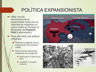 POLÍTICA EXPANSIONISTA
 Hitler vinculó
estrechamente la
superioridad racial con su
voluntad de implantar un
nuevo orden en Europa 
Búsqueda del Espacio
Vital (Lebensraum)
 Para ello inició una política
militarista:
 Reforzó el ejército con la
instauración del servicio
militar.
 Creó nuevas secciones
modernas en el ejército:
 Wehrmacht  Ejército de
tierra
 Luftwaffe  Aviación
moderna
 