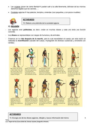 9
Tema 8: Las civilizaciones de Oriente Próximo: Mesopotamia y Egipto (1º ESO)
I.E.S. Virgen de Vico (Curso 2018-19). Ciencias Sociales, Geografía e Historia.
 Las mujeres gozan de cierta libertad pueden salir a la calle libremente, disfrutan de los mismos
derechos legales que los varones, …
 Ciudades egipcias hay palacios, templos y viviendas (son pequeñas y con pocos muebles)
C) RELIGIÓN
- Los egipcios eran politeístas, es decir, creían en muchos dioses y cada uno tenía una función
concreta.
- Los dioses se representaban con rasgos de humanos y de animales.
- Creencia en la vida después de la muerte, para la cual necesitaban el cuerpo; por esta razón se
realizaba la momificación (vaciado del cuerpo, impregnarlo de diversas sustancias y envolverlo con
vendas)
ACTIVIDADES:
13. Elabora una pirámide de la sociedad egipcia.
ACTIVIDADES:
14. Escoge uno de los dioses egipcios, dibújalo y busca información del mismo
 