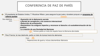 El presidente de Estados Unidos, T. Woodrow Wilson, para asegurar la paz justa y duradera propuso un programa de
catorce puntos
-Supresión de la diplomacia secreta
-Libertad de navegación y de comercio internacional
-Reducción de armamentos
-Desmembrar los antiguos Imperios y reconocer el derecho a la autodeterminación de los
pueblos
-La creación de una Sociedad de Naciones
Sus objetivos
eran
-Incluso pedía un trato de respeto hacia la Alemania derrotada
Pero Francia, la mas destruida, pedía un trato de dureza hacia los alemanes
Exigía
-Reparaciones de guerra, incluso desmembrar Alemania
CONFERENCIA DE PAZ DE PARÍS
 