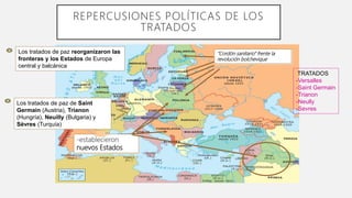 Los tratados de paz reorganizaron las
fronteras y los Estados de Europa
central y balcánica
“Cordón sanitario” frente la
revolución bolchevique
Los tratados de paz de Saint
Germain (Austria), Trianon
(Hungría), Neuilly (Bulgaria) y
Sèvres (Turquía)
-establecieron
nuevos Estados
TRATADOS
-Versalles
-Saint Germain
-Trianon
-Neully
-Sevres
REPERCUSIONES POLÍTICAS DE LOS
TRATADOS
 
