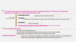 Fue creada para asegurar el mantenimiento de la paz, la seguridad colectiva, el desarme y la cooperación
económica y cultural entre los diversos Estados del mundo
Sus órganos
rectores eran cuatro
La Asamblea General
Integrada por todos los Estados miembros
El consejo
Formado por las cinco potencias vencedoras (Reino Unido, Estados Unidos, Francia, Italia y Japón)
La Secretaría
Órgano administrativo
El Tribunal Permanente de Justicia Internacional (con sede en la Haya)
Fue una organización débil
-Sin ejército ni capacidad ejecutiva
-No se permitió la adhesión de las potencias vencidas ni de la Unión Soviética
-Aislacionismo de los Estados Unidos, que no formó parte de la SDN
Aspectos positivos Inicio de una diplomacia multilateral, prohibición de tratados secretos y la constitución de
organismos humanitarios (Organización Internacional de la Salud, OIT…)
 