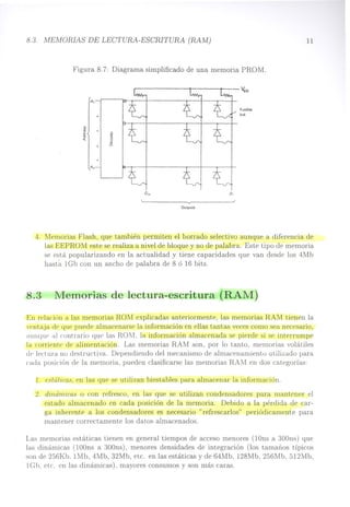 8.3. MEMORIAS DE LECTURA-ESCRITURA (RAM)
Figura 8.7: Diagrama simplificado de una memoria PROM.
11
A,
;¡;
"O
o
u
'"
O
Fusible
link
0,
OutPUIS
4. Memorias Flash, que también permiten el borrado selectivo aunque a diferencia de
las EEPROM este se realiza a nivel de bloque y no de palabra. Este tipo de memoria
se está popularizando en la actualidad y tiene capacidades que van desde los 4Mb
hasta. 1Gb con un ancho de palabra de 8 ó 16 bits.
8.3 Memorias de lectura-escritura (RAM)
En relaciÓn a las memorias ROM explicadas anteriormente, las memorias RAM tienen la
·pntaja de que puede almacenarse la información en ellas tantas veces como sea necesario,
;-lIl11ql(' al contrario que las ROM. la información almacenada se pierde si se interrumpe
la corriente de alimentación. Las memorias RAM son, por lo tanto, memorias volátiles
de lectura no destructiva. Dependiendo del mecanismo de almacenamiento utilizado para
cada posición de la memoria, pueden clasificarse las memorias RAM en dos categorías:
1. estáticas, en las que se utilizan biestables para almacenar la información.
2. dinámicas o con refresco, en las que se utilizan condensadores para mantener el
estado almacenado en cada posición de la memoria. Debido a la pérdida de car-
ga inherente a los condensadores es necesario "refrescarlos" periódicamente para
mantener correctamente los datos almacenados.
Las memorias estáticas tienen en general tiempos de acceso menores (10ns a 300ns) que
las dinámicas (1OOns a 300ns), menores densidades de integración (los tamaños tí picos
son de 256Kb. 1Mb, 4Mb, 32Mb, etc. en las estáticas y de 64Mb, 128Mb, 256Mb, 512Mb,
1Gb. etc. en las dinámicas), mayores consumos y son más caras.
 