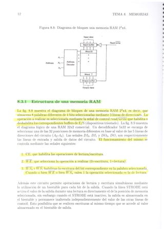 12 TEMA 8. MEMORIAS
Figura 8.8: Diagrama de bloques una memoria RAM 23x4.
Input data
~
•
A,
Address Al
Address
Decoder
~
OUlput data
Read/write
8.3.1 Estructura de una memoria RAM
La fig. 8.8 muestra el diagrama de bloques de una memoria RAM 23x4, es decir, que
almacena 8 palabras diferentes de 4 bits seleccionadas mediante 3 líneas de direcciones. La
operación a realizar es seleccionada mediante la señal de control read/write que habilita o
deshabilita los correspondientes buffers de E/S (dispositivos triestado). La fig. 8.9 muestra
el diagrama lógico de una RAM 32x2 comercial. Un decodificador 5x32 se encarga de
seleccionar una de las 32 posiciones de memoria diferentes en base al valor de las 5 líneas de
direcciones del circuito (Ao-A4). Las señales DIo, DIl y DOo, DOl son respectivamente
las líneas de entrada y salida de datos del circuito. El funcionamiento del mismo se
controla mediante las señales siguientes:
1. CEo que habilita las operaciones de lectura/escritura.
2. H'E. que selecciona la operación a realizar (O=escritura, l=lectura).
~3 1¡-So y 11'51 habilitan la escritura del bit correspondiente en la palabra splpccionada.
Cuando o bien 1;1/ E o bien JIT-' Sn valen 1 la operación seleccionada ('s In d(' ]('cturél.
Además este circuito permite operaciones de lectura y escritura simultáneas mediante
la utilización de un biestable para cada bit de la salida. Cuando la línea STROBE está
activa el valor de la salida durante una lectura es directamente el de la posición de memoria
seleccionada, sin embargo cuando el STROBE está inactivo, la salida es almacenada en
el biestable y permanece inalterada independientemente del valor de las otras líneas de
control. Esto posibilita que se realicen escrituras al mismo tiempo que se accede al valor
almacenado en el biestable de salida.
 