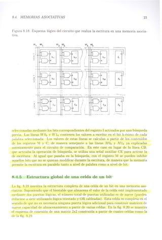 8.4. MEMORIAS ASOCIATIVAS 23
Figura 8.18: Esquema lógico del circuito que realiza la escritura en una memoria asocia-
tiva.
,-_j1.__
. .... .J
i
I
-1
~.
"O '
.
w
~
~
~
v
",'
-J '
/
11
! 1
11
t---~~-
I -
s",: :1].
. ¡ . ~ :
, '
; .
~. -----
selrccionadas mediante los bits correspondientes del registro 1 activados por una búsqueda
previa. Las líneas lVOk y -VVlk contienen los valores a escribir en el bit k-ésimo de cada
palalm·:¡ seleccionada. Los valores de estas líneas se calculan a partir de los contenidos
de los regist.ros lVI y C, de manera semejante a las líneas MOk y Nf1k ya explicadas
ant.eriormente para el circuito de comparación. En este caso en lugar de la línea CB,
que activaba la operación de búsqueda, se utiliza una señal auxiliar CE para activar la
de escritura. Al igual que pasaba en la búsqueda, con el registro M se pueden inhibir
aquellos bits que no se quieran modificar durante la escritura, de manera que la memoria
permite la escritura en paralelo tanto a nivel de palabra como a nivel de bit.
8.4.5 Estructura global de una celda de un bit
La fig. 8.19 muestra la estructura completa de una celda de un bit en una memoria aso-
ciativa. Suponiendo que el biestable que almacena el valor de la celda esté implementado
llwdiant,e dos puertas lógicas, el número total de puertas utilizadas es de nueve (pueden
reducirse a siete utilizando lógica triestado y OR cableadas). Esta celda es completa en el
sent.ido de que no es necesaria ninguna puerta lógica adicional para construir matrices de
mavor capacidad de almacenamiento a partir de varias celdas. En la fig. 8.20 se muestra
el esquema de conexión de una matriz 2x2 construida a partir de cuatro celdas como la
de la fig. 8.19
 