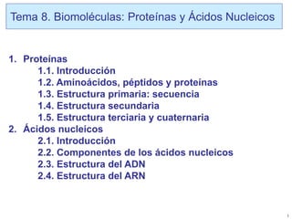 1
Tema 8. Biomoléculas: Proteínas y Ácidos Nucleicos
1. Proteínas
1.1. Introducción
1.2. Aminoácidos, péptidos y proteínas
1.3. Estructura primaria: secuencia
1.4. Estructura secundaria
1.5. Estructura terciaria y cuaternaria
2. Ácidos nucleicos
2.1. Introducción
2.2. Componentes de los ácidos nucleicos
2.3. Estructura del ADN
2.4. Estructura del ARN
 