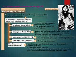 El fracaso de las reformas
Las expectativas de profundas reformas prometidas en 1905
no se hicieron realidad
El Parlamento o Duma pasó por cuatro
etapas antes disolverse en 1917
La primera Duma (1906)
-Se intentó una reforma agraria
(repartición de la tierra)
-El zar vetó todas las reformas y
disolvió la Duma
1.- La Rusia zarista a comienzos del siglo XX
La segunda Duma (1907) -Resultó una asamblea más radical y el zar optó por
disolverla y reformar el sistema electoral para que la
oligarquía obtuviese más representación
La tercera Duma (1907-1912) -Con mayoría conservadora, el zar no tuvo problemas
La cuarta Duma (1912-1917) -Con mayoría conservadora
El zar fracasó en sus
intentos reformistas
-La reforma agraria y el intento de crear una clase campesina
acomodada (Kulaks)
-La represión política continuó
-Las crisis de los gobiernos del zar fueron continuas, acrecentadas
por la escandalosa influencia de Rasputín, el favorito del zar
Caricatura de Rasputín
 