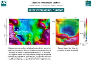 Tema	
  8.	
  Métodos	
  de	
  prospección	
  geo5sica	
  generales	
  
Geotecnia	
  y	
  Prospección	
  Geo5sica	
  
REPRESENTACIÓN	
  DE	
  LOS	
  DATOS	
  
Campo	
  Magné=co	
  Total	
  do	
  
complexo	
  alcalino	
  de	
  Juquiá.	
  
Mapa	
  en	
  donde	
  se	
  observa	
  la	
  localización	
  de	
  las	
  secciones	
  
magné=cas	
  terrestres.	
  El	
  pozo	
  de	
  agua	
  que	
  aparece	
  al	
  Norte	
  
del	
  mapa	
  es	
  donde	
  la	
  población	
  de	
  La	
  Dulcita	
  se	
  abastece	
  
con	
  un	
  gasto	
  menos	
  a	
  1	
  lt/seg.	
  El	
  pozo	
  de	
  agua	
  que	
  aparece	
  
al	
  SW	
  es	
  un	
  pozo	
  con	
  un	
  gasto	
  de	
  25	
  lt/seg.	
  El	
  Pozo	
  Papalote	
  
resultó	
  estéril	
  porque	
  se	
  quedaron	
  cortos	
  en	
  la	
  perforación.	
  
 