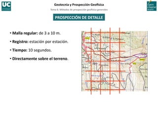 Tema	
  8.	
  Métodos	
  de	
  prospección	
  geo5sica	
  generales	
  
Geotecnia	
  y	
  Prospección	
  Geo5sica	
  
PROSPECCIÓN	
  DE	
  DETALLE	
  
• Malla	
  regular:	
  de	
  3	
  a	
  10	
  m.	
  
• Registro:	
  estación	
  por	
  estación.	
  
• Tiempo:	
  10	
  segundos.	
  
• Directamente	
  sobre	
  el	
  terreno.	
  
 