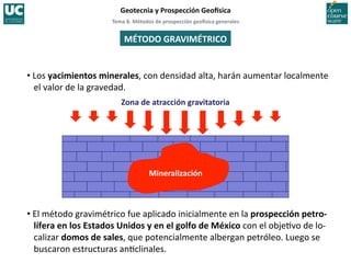 Tema	
  8.	
  Métodos	
  de	
  prospección	
  geo5sica	
  generales	
  
Geotecnia	
  y	
  Prospección	
  Geo5sica	
  
Zona	
  de	
  atracción	
  gravitatoria	
  
Mineralización	
  
MÉTODO	
  GRAVIMÉTRICO	
  
• Los	
  yacimientos	
  minerales,	
  con	
  densidad	
  alta,	
  harán	
  aumentar	
  localmente	
  
el	
  valor	
  de	
  la	
  gravedad.	
  
• El	
  método	
  gravimétrico	
  fue	
  aplicado	
  inicialmente	
  en	
  la	
  prospección	
  petro-­‐
lífera	
  en	
  los	
  Estados	
  Unidos	
  y	
  en	
  el	
  golfo	
  de	
  México	
  con	
  el	
  obje=vo	
  de	
  lo-­‐
calizar	
  domos	
  de	
  sales,	
  que	
  potencialmente	
  albergan	
  petróleo.	
  Luego	
  se	
  
buscaron	
  estructuras	
  an=clinales.	
  
 