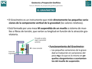 Tema	
  8.	
  Métodos	
  de	
  prospección	
  geo5sica	
  generales	
  
Geotecnia	
  y	
  Prospección	
  Geo5sica	
  
EL	
  GRAVÍMETRO	
  
Fuerza	
  de	
  
la	
  gravedad	
  
M	
  =	
  masa	
  conocida	
  
El	
  muelle	
  se	
  es=ra	
  
según	
  la	
  gravedad	
  
aumenta	
  
M	
  
• El	
  Gravímetro	
  es	
  un	
  instrumento	
  que	
  mide	
  directamente	
  las	
  pequeñas	
  varia-­‐
ciones	
  de	
  la	
  componente	
  verIcal	
  de	
  la	
  gravedad	
  (los	
  valores	
  rela=vos).	
  
• Está	
  formado	
  por	
  una	
  masa	
  M	
  suspendida	
  de	
  un	
  muelle	
  o	
  sistema	
  de	
  mue-­‐
lles	
  o	
  ﬁbras	
  de	
  torsión,	
  que	
  varían	
  su	
  longitud	
  en	
  función	
  de	
  la	
  atracción	
  gra-­‐
vitatoria.	
  
• Funcionamiento	
  del	
  Gravímetro:	
  
–	
  Las	
  pequeñas	
  variaciones	
  de	
  la	
  grave-­‐
dad	
  se	
  traducirán	
  en	
  variaciones	
  del	
  
peso	
  mg	
  o	
  lo	
  que	
  es	
  lo	
  mismo	
  en	
  pe-­‐
queños	
  alargamientos	
  o	
  acortamien-­‐
tos	
  del	
  muelle	
  de	
  suspensión.	
  
 