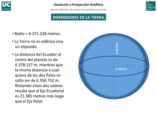 Tema	
  8.	
  Métodos	
  de	
  prospección	
  geo5sica	
  generales	
  
Geotecnia	
  y	
  Prospección	
  Geo5sica	
  
DIMENSIONES	
  DE	
  LA	
  TIERRA	
  
• Radio	
  =	
  6.371.228	
  metros.	
  	
  
• La	
  Tierra	
  no	
  es	
  esférica	
  sino	
  
un	
  elipsoide.	
  	
  
• La	
  distancia	
  del	
  Ecuador	
  al	
  
centro	
  del	
  planeta	
  es	
  de	
  
6.378.137	
  m,	
  mientras	
  que	
  
la	
  misma	
  distancia	
  a	
  cual-­‐
quiera	
  de	
  los	
  dos	
  Polos	
  re-­‐
sulta	
  ser	
  de	
  6.356.752	
  m.	
  
Restando	
  estos	
  dos	
  valores	
  
resulta	
  que	
  el	
  Eje	
  Ecuatorial	
  
es	
  21.385	
  metros	
  más	
  largo	
  
que	
  el	
  Eje	
  Polar.	
  
6.357	
  
k
m	
  
6.378	
  km	
  
 