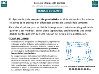 Tema	
  8.	
  Métodos	
  de	
  prospección	
  geo5sica	
  generales	
  
Geotecnia	
  y	
  Prospección	
  Geo5sica	
  
TRABAJO	
  DE	
  CAMPO	
  
• El	
  obje=vo	
  de	
  toda	
  prospección	
  gravimétrica	
  es	
  el	
  de	
  determinar	
  los	
  valores	
  
rela=vos	
  de	
  la	
  gravedad	
  en	
  diferentes	
  puntos	
  de	
  la	
  superﬁcie	
  terrestre.	
  
• Para	
  ello,	
  el	
  primer	
  paso	
  es	
  distribuir	
  los	
  puntos	
  o	
  estaciones	
  de	
  gravimetría	
  
que	
  van	
  a	
  ser	
  medidos,	
  en	
  un	
  plano	
  topográﬁco,	
  estableciendo	
  una	
  densi-­‐
dad	
  de	
  puntos	
  por	
  km2	
  que	
  será	
  función	
  del	
  detalle	
  de	
  la	
  exploración.	
  
• TOMA	
  DE	
  DATOS:	
  
– 	
  Para	
  realizar	
  una	
  prospección	
  con	
  alta	
  precisión,	
  lo	
  primero	
  es	
  
establecer	
  una	
  Red	
  de	
  Bases.	
  Las	
  bases	
  son	
  puntos	
  donde	
  la	
  
gravedad	
  se	
  determina	
  con	
  mucha	
  precisión.	
  Esta	
  red	
  se	
  rela-­‐
ciona	
  con	
  alguna	
  estación	
  de	
  la	
  red	
  nacional	
  de	
  gravimetría,	
  
de	
  modo	
  que	
  se	
  puedan	
  determinar	
  los	
  valores	
  absolutos	
  de	
  
la	
  gravedad	
  en	
  todas	
  las	
  bases.	
  
– 	
  Se	
  escogen	
  zonas	
  de	
  fácil	
  acceso,	
  bien	
  señalizadas,	
  con	
  una	
  
distancia	
  entre	
  ellas	
  tal	
  que	
  permita	
  que	
  el	
  intervalo	
  de	
  =em-­‐
po	
  entre	
  lecturas	
  de	
  dos	
  bases	
  consecu=vas	
  sea	
  lo	
  menor	
  po-­‐
sible	
  (deriva	
  mínima)	
  y	
  que	
  haya	
  facilidad	
  para	
  observar	
  repe-­‐
=das	
  veces	
  las	
  bases	
  a	
  lo	
  largo	
  de	
  la	
  red	
  (para	
  tener	
  un	
  mayor	
  
control	
  de	
  la	
  deriva).	
  El	
  enlace	
  entre	
  las	
  bases	
  sucesivas	
  B1,	
  
B2…	
  se	
  realiza	
  de	
  la	
  siguiente	
  forma:	
  
B1	
   B2	
  
B3	
  
B4	
  
Las	
  lecturas	
  se	
  toman	
  en	
  el	
  orden:	
  
B1-­‐B2-­‐B1-­‐B2-­‐B3-­‐B2-­‐B3…	
  
 