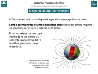 Tema	
  8.	
  Métodos	
  de	
  prospección	
  geo5sica	
  generales	
  
Geotecnia	
  y	
  Prospección	
  Geo5sica	
  
EL	
  CAMPO	
  MAGNÉTICO	
  TERRESTRE	
  
• La	
  Tierra	
  es	
  un	
  imán	
  natural	
  que	
  da	
  lugar	
  al	
  campo	
  magné=co	
  terrestre.	
  
• Campo	
  geomagnéIco	
  ó	
  campo	
  magnéIco	
  terrestre:	
  es	
  un	
  campo	
  magné=-­‐
co	
  generado	
  por	
  el	
  núcleo	
  externo	
  de	
  la	
  Tierra.	
  
• El	
  núcleo	
  externo	
  es	
  una	
  capa	
  
líquida	
  de	
  Fe-­‐Ni,	
  donde	
  las	
  
corrientes	
  convec=vas	
  del	
  Fe	
  
metálico	
  generan	
  el	
  campo	
  
magné=co.	
  
Líneas	
  de	
  fuerza	
  invisibles	
  
atraviesan	
  el	
  planeta	
  y	
  se	
  
ex=enden	
  de	
  un	
  Polo	
  
magné=co	
  al	
  otro.	
  
 