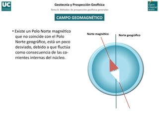 Tema	
  8.	
  Métodos	
  de	
  prospección	
  geo5sica	
  generales	
  
Geotecnia	
  y	
  Prospección	
  Geo5sica	
  
CAMPO	
  GEOMAGNÉTICO	
  
• Existe	
  un	
  Polo	
  Norte	
  magné=co	
  
que	
  no	
  coincide	
  con	
  el	
  Polo	
  
Norte	
  geográﬁco,	
  está	
  un	
  poco	
  
desviado,	
  debido	
  a	
  que	
  ﬂuctúa	
  
como	
  consecuencia	
  de	
  las	
  co-­‐
rrientes	
  internas	
  del	
  núcleo.	
  
Norte	
  geográﬁco	
  
Norte	
  magnéIco	
  
 
