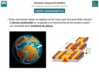 Tema	
  8.	
  Métodos	
  de	
  prospección	
  geo5sica	
  generales	
  
Geotecnia	
  y	
  Prospección	
  Geo5sica	
  
CAMPO	
  GEOMAGNÉTICO	
  
• Estas	
  inversiones	
  dejan	
  un	
  registro	
  en	
  las	
  rocas	
  que	
  han	
  permi=do	
  calcular	
  
la	
  deriva	
  conInental	
  en	
  el	
  pasado	
  y	
  el	
  movimiento	
  de	
  los	
  fondos	
  oceáni-­‐
cos	
  resultado	
  de	
  la	
  tectónica	
  de	
  placas.	
  
 
