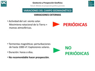 Tema	
  8.	
  Métodos	
  de	
  prospección	
  geo5sica	
  generales	
  
Geotecnia	
  y	
  Prospección	
  Geo5sica	
  
VARIACIONES	
  DEL	
  CAMPO	
  GEOMAGNÉTICO	
  
• Ac=vidad	
  del	
  sol:	
  viento	
  solar.	
  
Movimieno	
  rotacional	
  de	
  la	
  Tierra	
  +	
  
mareas	
  atmosféricas.	
  
• Tormentas	
  magné=cas:	
  perturbaciones	
  
de	
  hasta	
  1000	
  nT.	
  Explosiones	
  solares.	
  
• Duración:	
  horas	
  o	
  días.	
  
• No	
  recomendable	
  hacer	
  prospección.	
  
PERIÓDICAS	
  
NO	
  
PERIÓDICAS	
  
VARIACIONES	
  EXTERNAS	
  
 