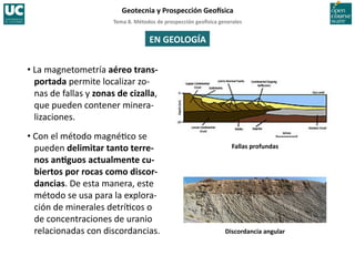 Tema	
  8.	
  Métodos	
  de	
  prospección	
  geo5sica	
  generales	
  
Geotecnia	
  y	
  Prospección	
  Geo5sica	
  
Discordancia	
  angular	
  
Fallas	
  profundas	
  
EN	
  GEOLOGÍA	
  
• La	
  magnetometría	
  aéreo	
  trans-­‐
portada	
  permite	
  localizar	
  zo-­‐
nas	
  de	
  fallas	
  y	
  zonas	
  de	
  cizalla,	
  
que	
  pueden	
  contener	
  minera-­‐
lizaciones.	
  
• Con	
  el	
  método	
  magné=co	
  se	
  
pueden	
  delimitar	
  tanto	
  terre-­‐
nos	
  anIguos	
  actualmente	
  cu-­‐
biertos	
  por	
  rocas	
  como	
  discor-­‐
dancias.	
  De	
  esta	
  manera,	
  este	
  
método	
  se	
  usa	
  para	
  la	
  explora-­‐
ción	
  de	
  minerales	
  detrí=cos	
  o	
  
de	
  concentraciones	
  de	
  uranio	
  
relacionadas	
  con	
  discordancias.	
  
 