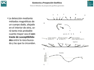 Tema	
  8.	
  Métodos	
  de	
  prospección	
  geo5sica	
  generales	
  
Geotecnia	
  y	
  Prospección	
  Geo5sica	
  
• La	
  detección	
  mediante	
  
métodos	
  magné=cos	
  de	
  
un	
  cuerpo	
  dado,	
  alojado	
  
en	
  el	
  interior	
  de	
  otro,	
  se-­‐
rá	
  tanto	
  más	
  probable	
  
cuanto	
  mayor	
  sea	
  el	
  con-­‐
traste	
  de	
  suscepIbilida-­‐
des	
  entre	
  la	
  roca	
  busca-­‐
da	
  y	
  las	
  que	
  la	
  circundan.	
  
 