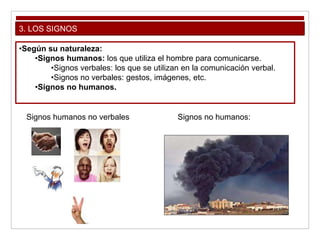 3. LOS SIGNOS
•Según su naturaleza:
•Signos humanos: los que utiliza el hombre para comunicarse.
•Signos verbales: los que se utilizan en la comunicación verbal.
•Signos no verbales: gestos, imágenes, etc.
•Signos no humanos.
Signos humanos no verbales Signos no humanos:
 