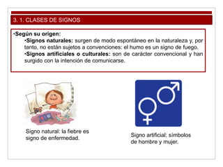 3. 1. CLASES DE SIGNOS
•Según su origen:
•Signos naturales: surgen de modo espontáneo en la naturaleza y, por
tanto, no están sujetos a convenciones: el humo es un signo de fuego.
•Signos artificiales o culturales: son de carácter convencional y han
surgido con la intención de comunicarse.
Signo natural: la fiebre es
signo de enfermedad.
Signo artificial: símbolos
de hombre y mujer.
 