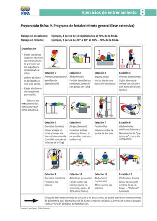 Ejercicios de entrenamiento                            8
Preparación física: 9. Programa de fortalecimiento general (fase extensiva)

Trabajo en estaciones:              Ejemplo, 3 series de 10 repeticiones al 70% de la Fmáx.
Trabajo en circuito:                Ejemplo, 2 series de 20’’ a 30’’ al 50% - 70% de la Fmáx.


 Organización

 – Elegir las pesas
   según el objetivo
   de entrenamien-
   to y el nivel de
   los jugadores
   (individualiza-
   ción).            Estación 1                    Estación 2              Estación 3            Estación 4
 – Deﬁnir el núme- Piernas (extensores)            Abdominales             Brazos, torso         Piernas (extensores)
   ro de repeticio-  semiﬂexión                    Flexión (enrollar los   Iniciar desde una     Subir alternada-
   nes y de series. (genuﬂexión)                   hombros), también       posición horizontal   mente con un pie y
                                                   con pesas de 10kg                             con barra de discos
 – Elegir el número
                                                                                                 (pesas)
   de estaciones
   por sesión.

      Ejecutar co-
 rrectamente los
 ejercicios y con
 ritmo dinámico.



                           Estación 5              Estación 6              Estación 7            Estación 8
                           Dorsales (lumbar)       Bíceps (femoral)        Pantorrillas          Abdominales
                           Elevar y bajar el       Flexionar ambas         Elevarse sobre la     (oblicuos/laterales)
                           torso y mover los       piernas y frenar, si    punta de los pies     Movimiento de “pa-
                           brazos lateralmente     es posible, con una                           rabrisas”, con o sin
                           (también con pesas      (exéntrico)                                   compañero
                           livianas de 3-5kg)




                           Estación 9              Estación 10             Estación 11           Estación 12
                           Dorsales, hombros       Aductores (pronación)   Abductores            Pectorales, brazos
                           Flexionar los           Cerrar y abrir las      (supinación)          (alzar la pesa por
                           brazos                  piernas (poca re-       Abrir y cerrar las    encima de la ca-
                                                   sistencia, aprox. el    piernas               beza) – “Pullover”
                                                   30% de la Fmáx.)                              tumbado

                           Después del entrenamiento en circuito o en estaciones, se podrá prever un entrenamiento
                           de pliometría baja (combinación de saltos simples variados, carrera con saltos y piques)
                           como 2ª sesión semanal de fortiﬁcación.
Fuente: CardiSport, Dijón/Francia
 