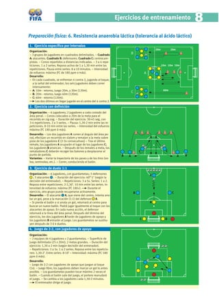 Ejercicios de entrenamiento                                      8
Preparación física: 6. Resistencia anaerobia láctica (tolerancia al ácido láctico)
1. Ejercicio especíﬁco por intervalos
                                                                                                         20m          20m
Organización:                                                                A                                                  B
− 3 grupos de jugadores en cuadrados delimitados. − Cuadrado
                                                                                     B
A: atacantes. Cuadrado B: defensores. Cuadrado C: centrocam-
pistas. − Conos repartidos a distancias indicadas. − 3 a 4 repe-
ticiones. 1 a 2 series. Reposo activo de 1 a 1,30 min entre las                                                10m 10m 10m
repeticiones. Pausa entre series: 8 a 10 minutos. − Intensidad
de esfuerzo: máxima (FC de 180 ppm o más).                                                       A
Desarrollo:
− En cada cuadrado, se enfrentan 4 contra 2, jugando al toque;
   a la señal del entrenador, los seis jugadores deben correr
   intensamente:
− A: 10m - retorno, luego 20m, y 30m (120m).                                                                    60m
                                                                                     C
− B: 20m - retorno, luego 40m (120m).
− C: 60m - retorno (120m).
      Los dos últimos en llegar jugarán en el centro del 4 contra 2.
2. Ejercicio con deﬁnición
Organización: − 6 jugadores; 2 jugadores a cada costado del
área penal. − Conos colocados a 20m de la meta para el
recorrido en zig-zag. − Duración del ejercicio: 30-45 seg, con
3-4 repeticiones. 2 a 3 series. − Pausa: 1,30-2 min entre las re-
peticiones. 8-10 min entre las series. − Intensidad del esfuerzo:
máxima (FC 180 ppm ó más).
Desarrollo: − Los dos jugadores A corren al ángulo del área pe-
nal, efectúan un recorrido en slalom y rematan a la meta sobre
pase de los jugadores C (2-3x consecutivas) − Tras el último
remate, los jugadores A ocuparán el lugar de los jugadores C;
los jugadores B arrancan. − Después de los remates a meta, los
rematadores C deberán recoger los balones y desplazarse al                                   C                   C
punto de partida.                                                        B       A                                          A       B
Variantes: − Variar la trayectoria de los pases y de los tiros (vo-
lea, semivolea, etc.). − Correr, conduciendo el balón.

3. Ejercicio de duelo 1:1
Organización: − 6 jugadores, con guardametas; 3 defensores                                           A
   ; 3 atacantes . − Duración del ejercicio: 40”-1’ (según la
decisión del entrenador). − Repeticiones: 3 a 5x. Series: 1 a 2.
Reposo entre repeticiones: 2-2,30’. 10 min entre las series. In-
tensidad de esfuerzo: máxima (FC 180+).         Durante el
ejercicio, otro grupo puede recuperarse activamente.                                     B                            C
Desarrollo: − El atacante A, que viene del centro, intenta ano-
tar un gol, pese a la marcación (1:1) del defensor A.
– Si pierde el balón o si anota un gol, retornará al centro para                                     A
buscar un nuevo balón. Podrá jugar igualmente al toque con los
atacantes de apoyo. En cada nueva acción, el defensor
retornará a la línea del área penal. Después del término del
ejercicio, los dos jugadores A harán de jugadores de apoyo y
los jugadores B entrarán al juego. Los guardametas se sustitu-                               C                   B
yen después de 3 ó 4 duelos.
4. Juego de 2:2, con jugadores de apoyo
Organización:
− 2 equipos de 4 jugadores + 2 guardametas. − Superﬁcie de
juego delimitada (25 x 20m); 2 metas grandes. − Duración del
ejercicio: 1,30 a 2 min (según decisión del entrenador).
− Repeticiones: 3 a 5x. 1 a 2 series. Reposo entre las repeticio-
nes: 1,30-2’. Entre series: 8-10’ − Intensidad: máxima (FC 180
ppm ó más).
Desarrollo:
− Juego de 2:2 con jugadores de apoyo que juegan al toque
(1x). − Juego libre; los jugadores deben marcar un gol lo antes
posible. − Los guardametas pueden tocar máximo 2 veces el
balón. − Cuando el balón sale del juego, el portero reanudará
el juego. − Se cambia a los jugadores cada 1,30-2 minutos.
     El entrenador dirige el juego.
 