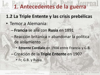 1. Antecedentes de la guerra
1.2 La Triple Entente y las crisis prebélicas
• Temor a Alemania:
–Francia se alía con Rusia en 1891
–Reacción británica = abandonar la política
de aislamiento
• Entente Cordiale en 1904 entre Francia y G.B.
–Creación de la Triple Entente en 1907
• Fr, G.B. y Rusia
 
