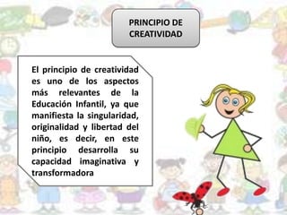 PRINCIPIO DE
CREATIVIDAD
El principio de creatividad
es uno de los aspectos
más relevantes de la
Educación Infantil, ya que
manifiesta la singularidad,
originalidad y libertad del
niño, es decir, en este
principio desarrolla su
capacidad imaginativa y
transformadora
 