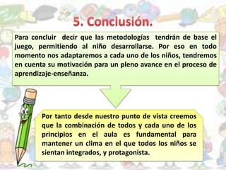Por tanto desde nuestro punto de vista creemos
que la combinación de todos y cada uno de los
principios en el aula es fundamental para
mantener un clima en el que todos los niños se
sientan integrados, y protagonista.
Para concluir decir que las metodologías tendrán de base el
juego, permitiendo al niño desarrollarse. Por eso en todo
momento nos adaptaremos a cada uno de los niños, tendremos
en cuenta su motivación para un pleno avance en el proceso de
aprendizaje-enseñanza.
 