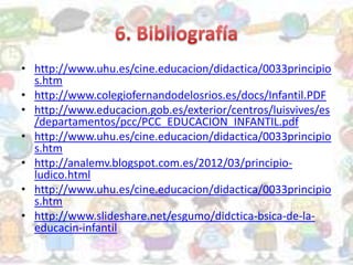 • http://www.uhu.es/cine.educacion/didactica/0033principio
s.htm
• http://www.colegiofernandodelosrios.es/docs/Infantil.PDF
• http://www.educacion.gob.es/exterior/centros/luisvives/es
/departamentos/pcc/PCC_EDUCACION_INFANTIL.pdf
• http://www.uhu.es/cine.educacion/didactica/0033principio
s.htm
• http://analemv.blogspot.com.es/2012/03/principio-
ludico.html
• http://www.uhu.es/cine.educacion/didactica/0033principio
s.htm
• http://www.slideshare.net/esgumo/didctica-bsica-de-la-
educacin-infantil
 