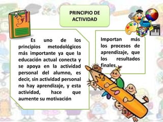 PRINCIPIO DE
ACTIVIDAD
Es uno de los
principios metodológicos
más importante ya que la
educación actual conecta y
se apoya en la actividad
personal del alumno, es
decir, sin actividad personal
no hay aprendizaje, y esta
actividad, hace que
aumente su motivación
Importan más
los procesos de
aprendizaje, que
los resultados
finales.
 