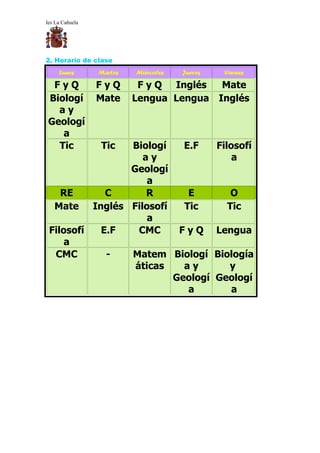 Ies La Cañuela




2. Horario de clase
     Lunes       Martes   Miércoles   Jueves     Viernes

  FyQ            FyQ       F y Q Inglés         Mate
 Biologí         Mate     Lengua Lengua        Inglés
   ay
 Geologí
    a
   Tic           Tic
              Biologí    E.F                   Filosofí
                 ay                                a
              Geologí
                  a
    RE     C     R        E                       O
  Mate Inglés Filosofí   Tic                     Tic
                  a
 Filosofí E.F   CMC     FyQ                    Lengua
     a
  CMC      -  Matem Biologí                    Biología
               áticas    ay                       y
                       Geologí                 Geologí
                          a                       a
 