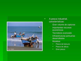    A pesca industrial,
    características:
    1.   Gran volume de capturas
    2.   Importantes recursos
         económicos
    3.   Tecnoloxía avanzada
    4.   Infraestruturas portuarias
         desarrolladas
    5.   Modelos:
            Pesca de baixura
            Pesca de altura
            Gran pesca
 